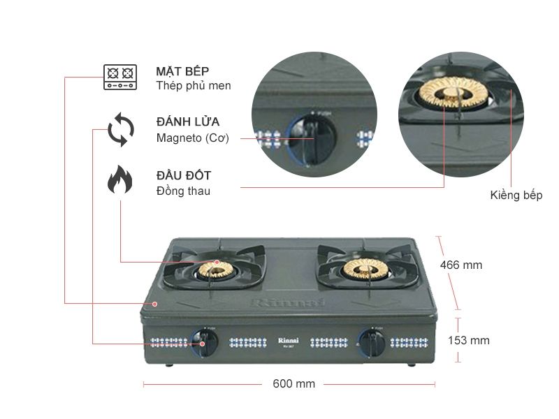 Bếp Gas Dương Đôi Rinnai RV-367N Tặng kèm 1 bộ van và dây gas- Hãng chính hãng