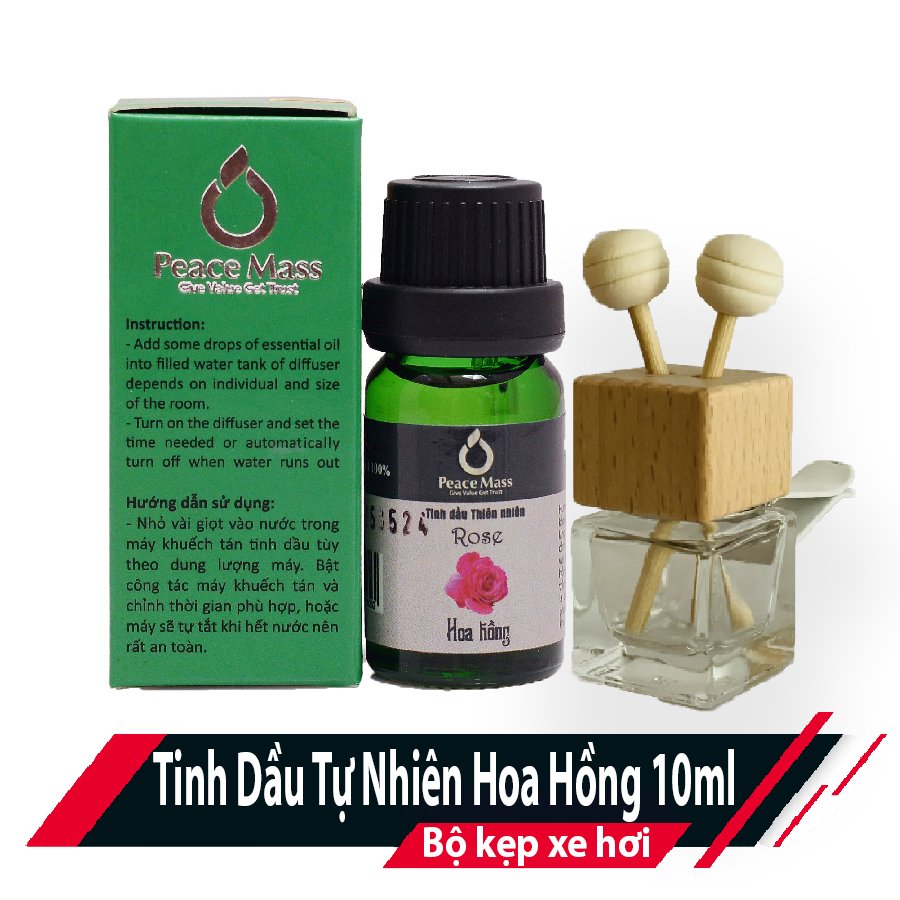 TD10ml-KX2 Combo Tinh Dầu Hoa Hồng Peace Mass 10ml - Bộ Kẹp Xe Ô tô - Rose