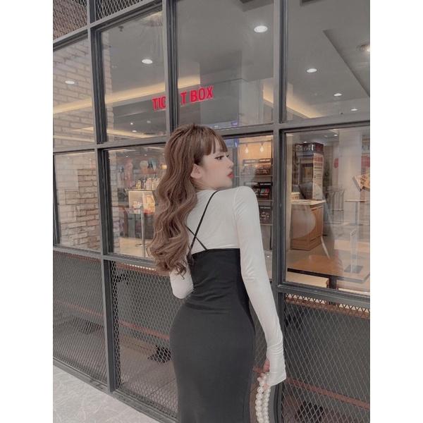 Sét áo cổ tròn tay dài kèm đầm 2 dây xẻ tà cực sexy sang chảnh