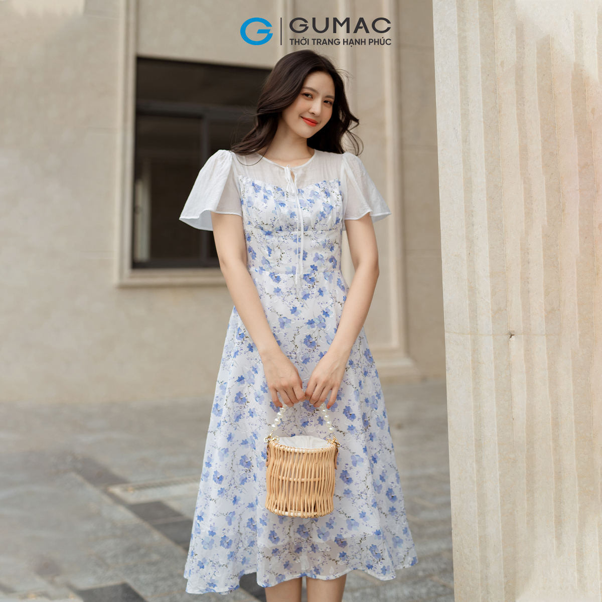 Đầm hoa phối vải tơ GUMAC DD05038