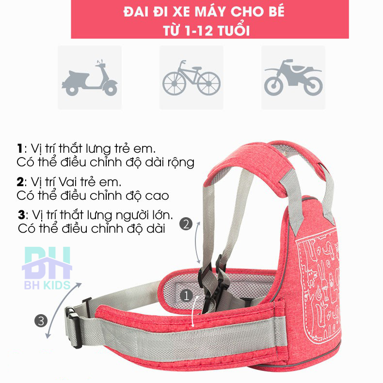 Đai đi xe máy BH Kids an toàn cho bé (từ 1 đến 10 tuổi), chống bụi bẩn, thoáng khí, chắc chắn, phát sáng ban đêm