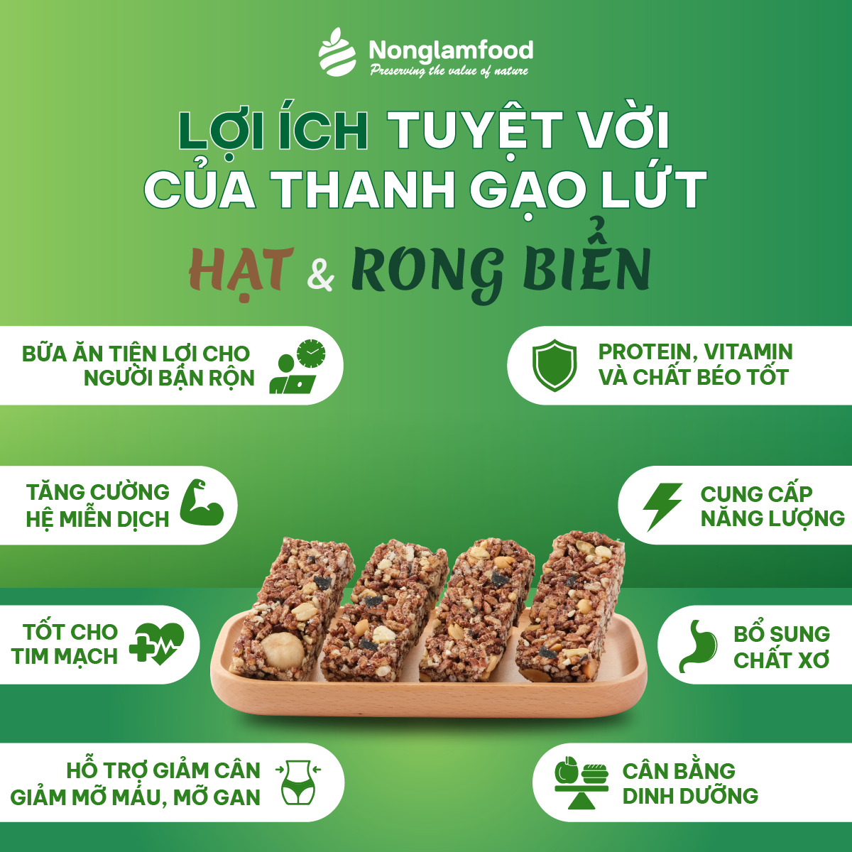 [THUẦN CHAY] Thanh năng lượng gạo lứt ngũ cốc Hạt và Rong biển Nonglamfood hộp 8 thanh 136g