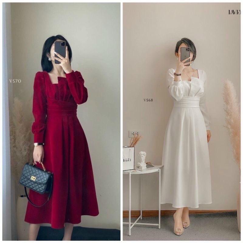 Đầm xoè xếp ly cúp ngực tay dài dịu dàng nữ tính