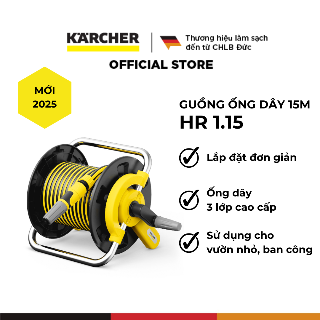 (Mới 2025) Bộ rulo guồng dây tích hợp vòi tưới cây Karcher 15m HR 1.15 - Ống dây 3 lớp cao cấp - Đi kèm dây cấp nước 2m - Hàng Chính hãng