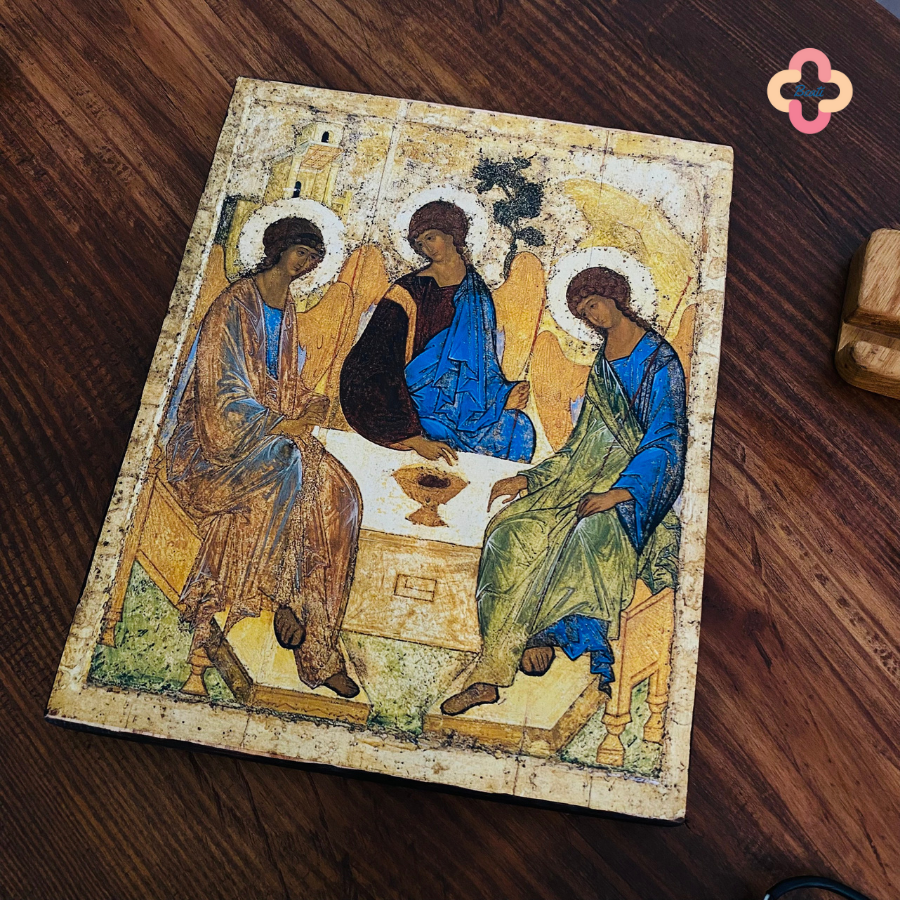 Tranh Gỗ Chúa Ba Ngôi Beati - Tranh Công Giáo Thủ Công Màu Rustic / Icon of the Holy Trinity by Andrei Rublev