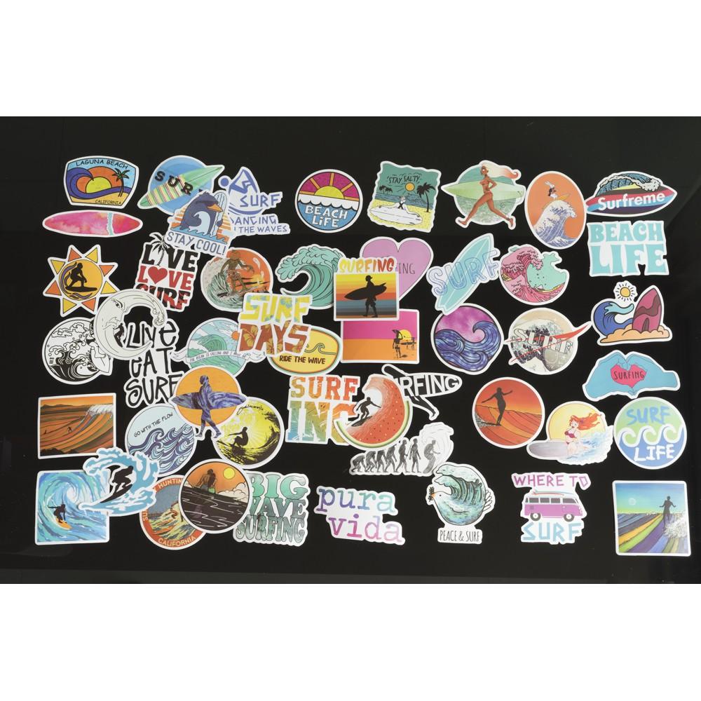 Bộ 50 miếng dán sticker, stickers cao cấp chủ đề Surfing lướt sóng trang trí Vali Laptop Mũ Bảo Hiểm Xe Máy Xe Đạp Đàn