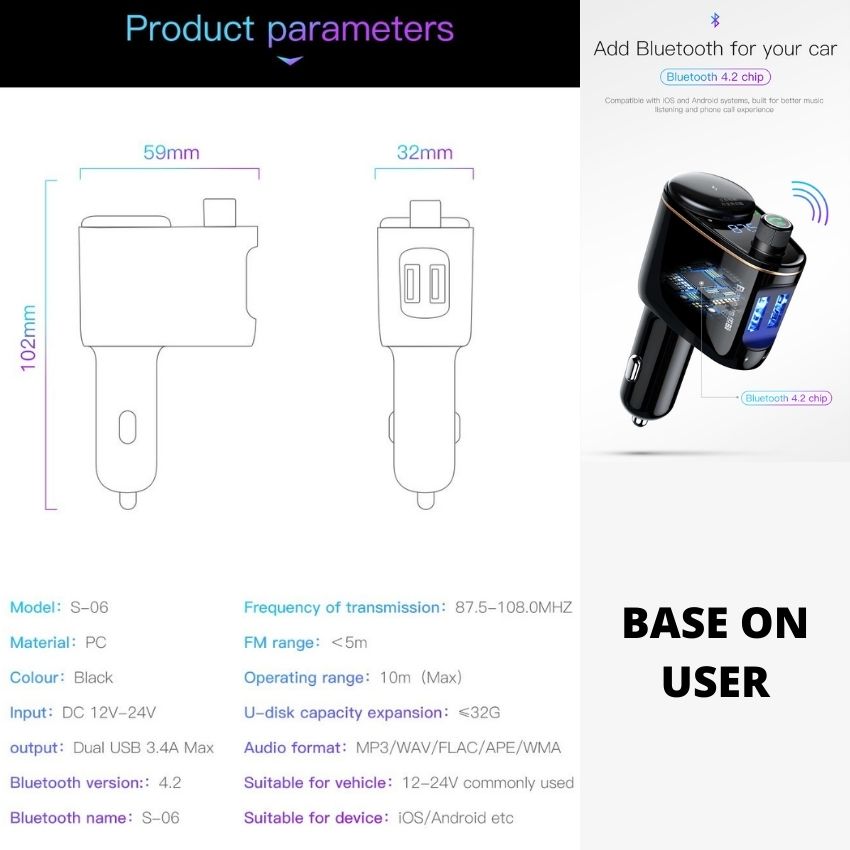 Bộ tẩu sạc trên xe hơi Baseus Locomotive Bluetooth MP3 Vehicle Charger S06- Hàng chính hãng
