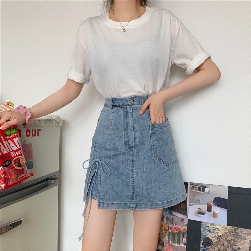 Quần giả váy bò jean ngắn hai lớp cách điệu xẻ tà đan dây phá cách (Có ảnh thật)