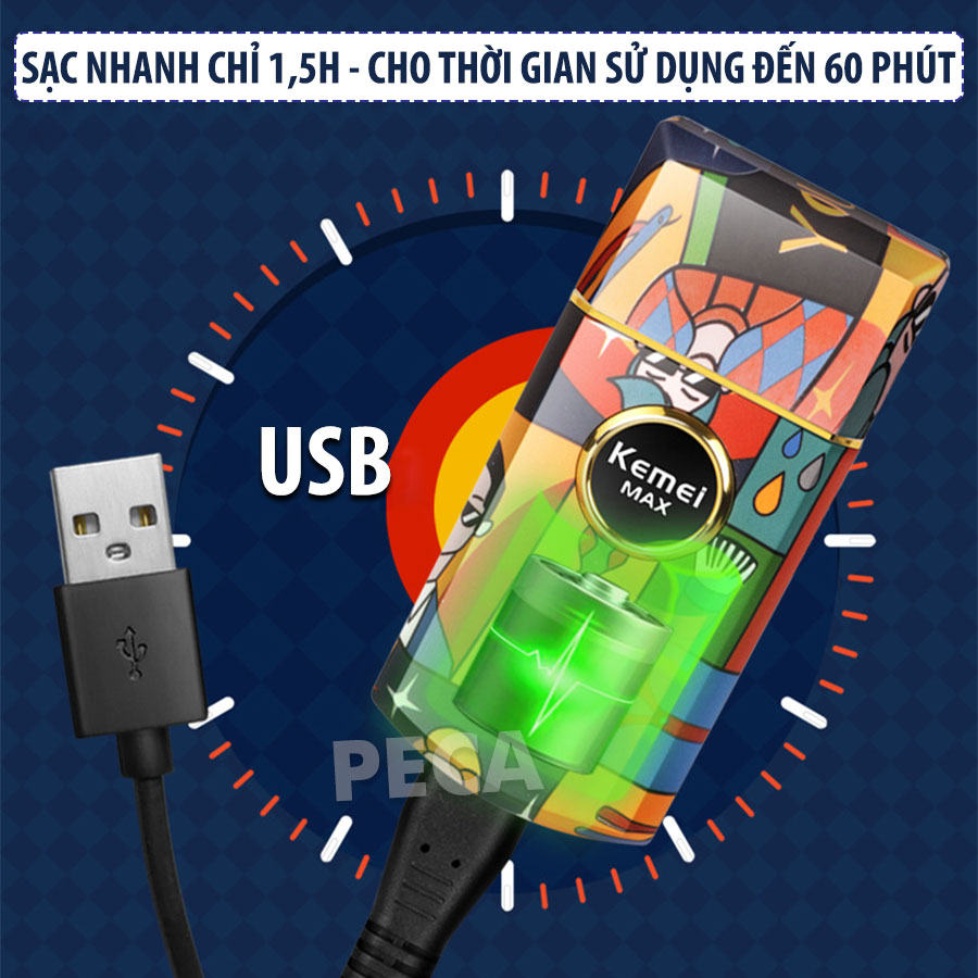 Máy cạo râu KEMEI KM-RS7098 lưỡi nổi 3D công suất mạnh 5W, sạc USB nhanh 1.5 giờ pin trâu, thiết kế hoa văn trẻ trung theo phong cách màu sắc TREND GRAFFITI size mini - hãng phân phối chính thức