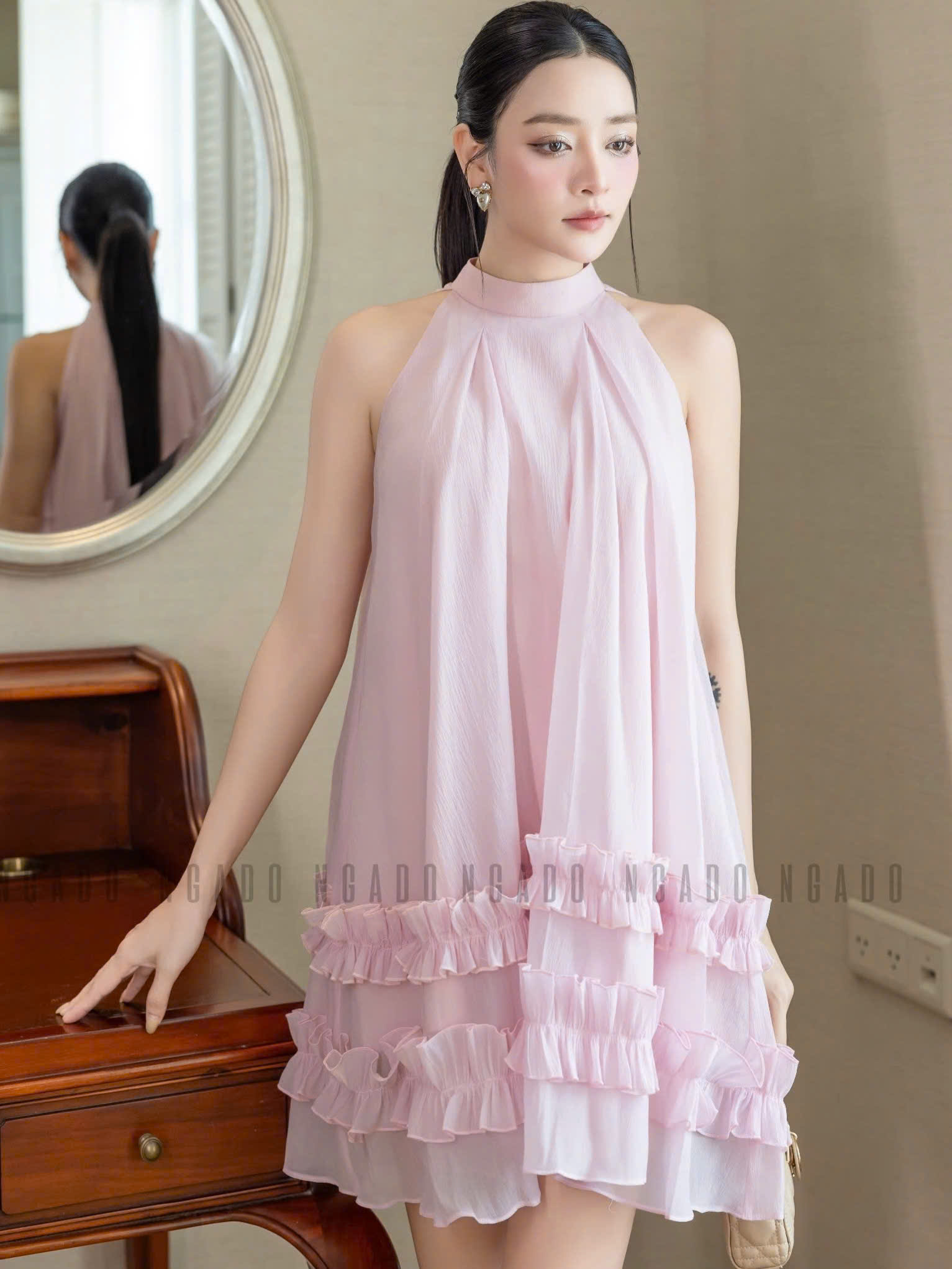 Đầm yếm hồng phối bèo NGADO , đầm dáng yếm , đầm suông