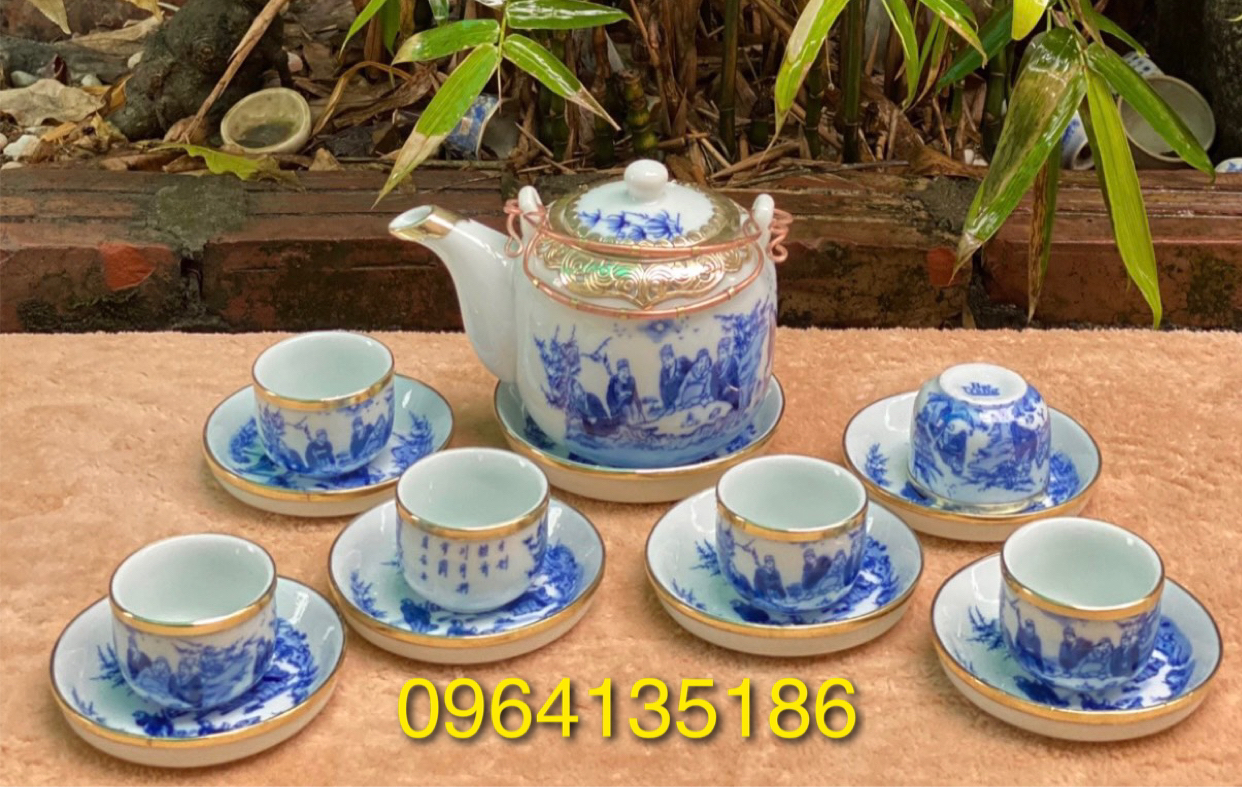 Bộ ấm chén vại men lam bọc đồng  vẽ tích trúc lâm thất hiền gốm sứ Bát Tràng