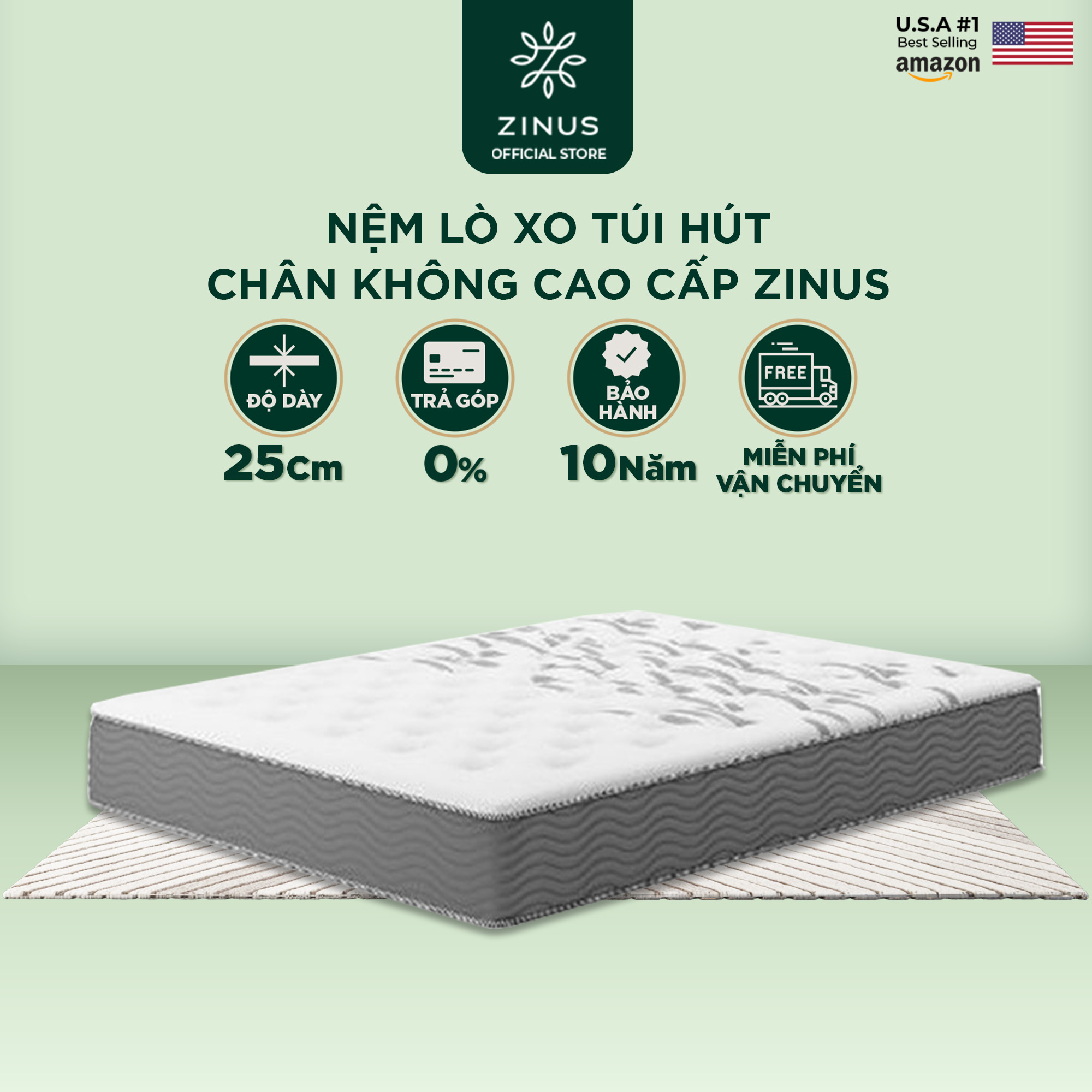 Nệm lò xo túi hút chân không cao cấp Zinus - Extra Firm Spring Mattress - 140x200x25cm