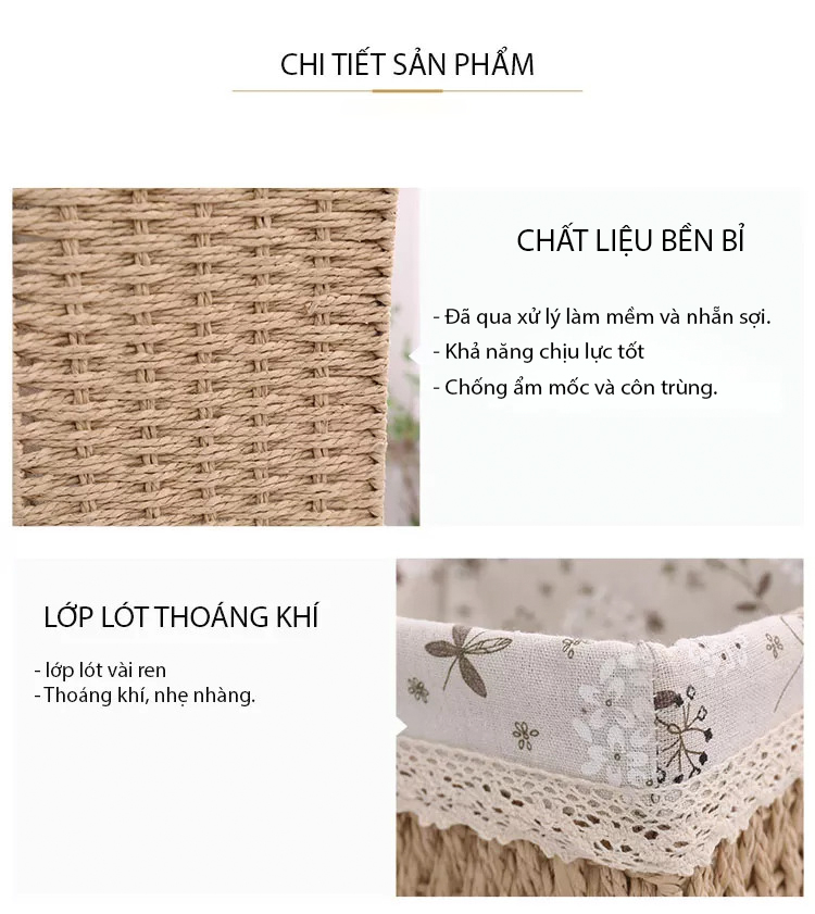 Giỏ Cói, Rổ Cói Vintage Có Vải Lót Hình Chữ Nhật - Phù Hợp Để Phòng Khách, Đựng Đồ Trang Tri Bàn Làm Việc Gọn Gàng Xinh Xắn