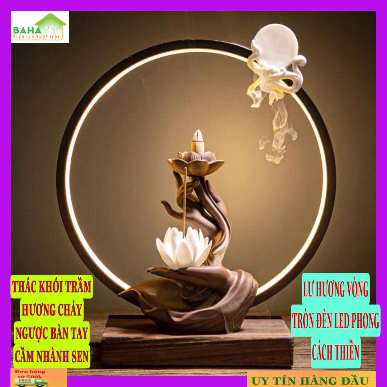 LƯ HƯƠNG VÒNG TRÒN ĐÈN LED PHONG CÁCH THIỀN - THÁC KHÓI TRẦM HƯƠNG CHẢY NGƯỢC BÀN TAY CẦM NHÀNH SEN "BAHAMAR" tạo không khí trong lành, tâm trạng tĩnh tại, làm giảm bớt lo lắng