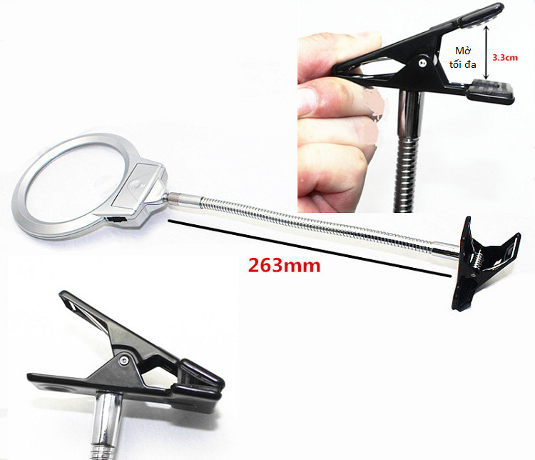 Kính lúp 2 thấu kính 2x-5x kẹp bàn có đèn led trợ sáng tích hợp dây uốn cong M3