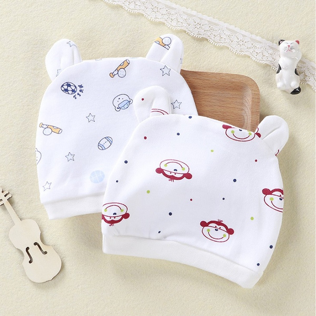 Combo 2 Mũ Che Thóp Cotton Mềm Cho Trẻ Sơ Sinh 0-6 Tháng - Họa Tiết Bé Gái