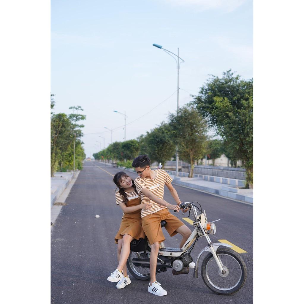 Áo cặp nam nữ ️FREESHIP️ set đồ đôi kẻ sọc kèm yếm và quần short kaki AT30