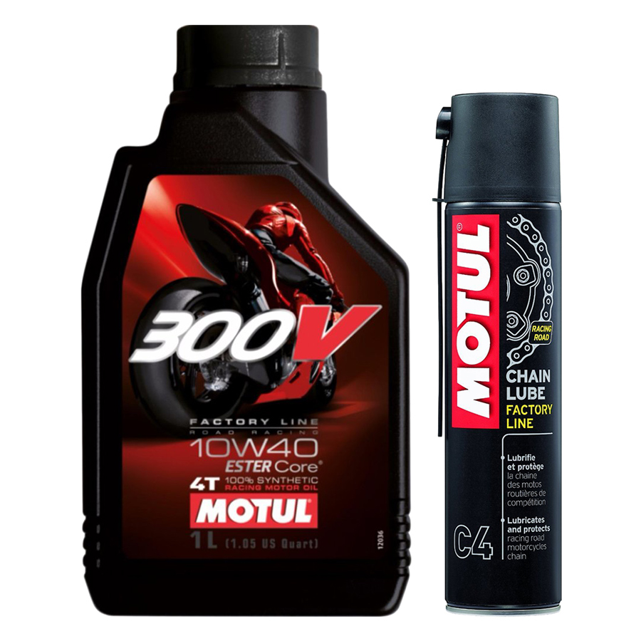 Combo Bình Nhớt Motul 300V Factory Line 10W40 (1L) Và Chai Xịt Bôi Trơn Motul C4 (400ml)