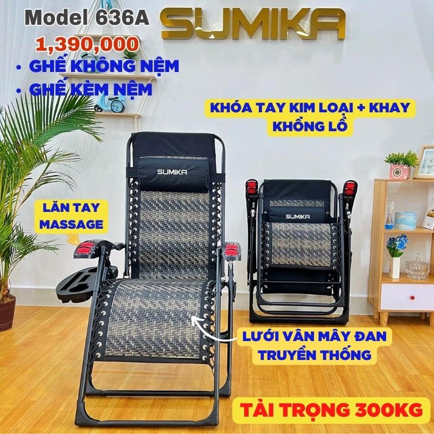 Ghế xếp thư giãn SUMIKA 636a, Lăn tay massage - lưới vân mây  sợi lớn thoáng mát, khung ghế thép sơn tĩnh điện cao cấp, tải trọng 300kg - tặng kèm KHAY ĐỰNG VẬT DỤNG - luôn có phụ kiện thay thế