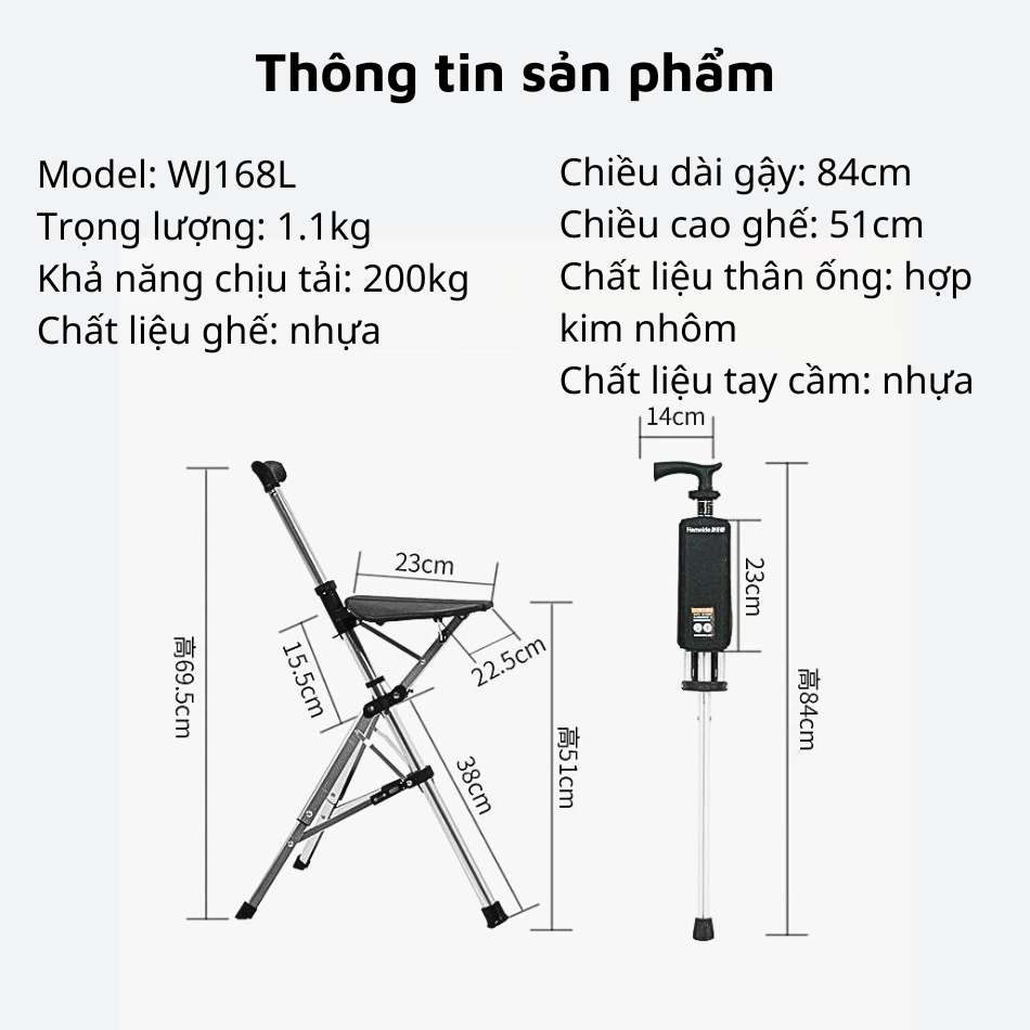 Gậy Đi Bộ Kiêm Ghế Ngồi Gấp Gọn, Gậy Chống Cho Người Già Batoong Gậy Dã Ngoại Đa Năng
