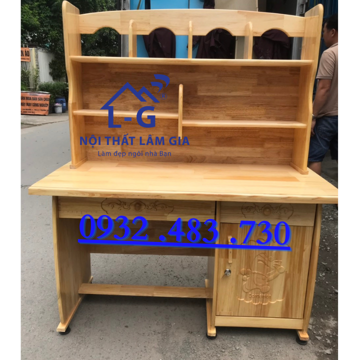 Bàn học sinh liền kệ gỗ tự nhiên giá rẻ _1m2x1m45x50 màu vàng