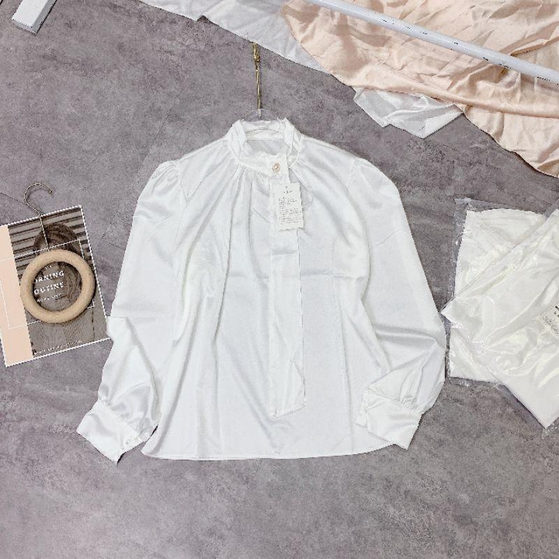 Áo Sơ Mi Nữ Trắng Cổ Đính Ngọc Dây Nơ, Áo Sơmi Trắng Văn Phòng Chất Lụa Dài Tay F007