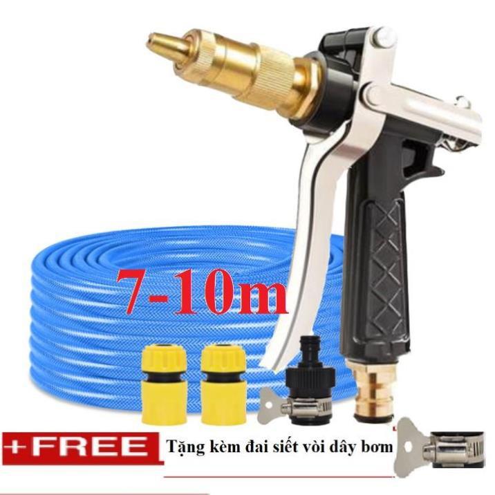 Bộ dây vòi xịt nước rửa xe, tưới cây . tăng áp 3 lần, loại 7m, 10m 206236 đầu đồng,cút,nối nhựa đen+ tặng đai