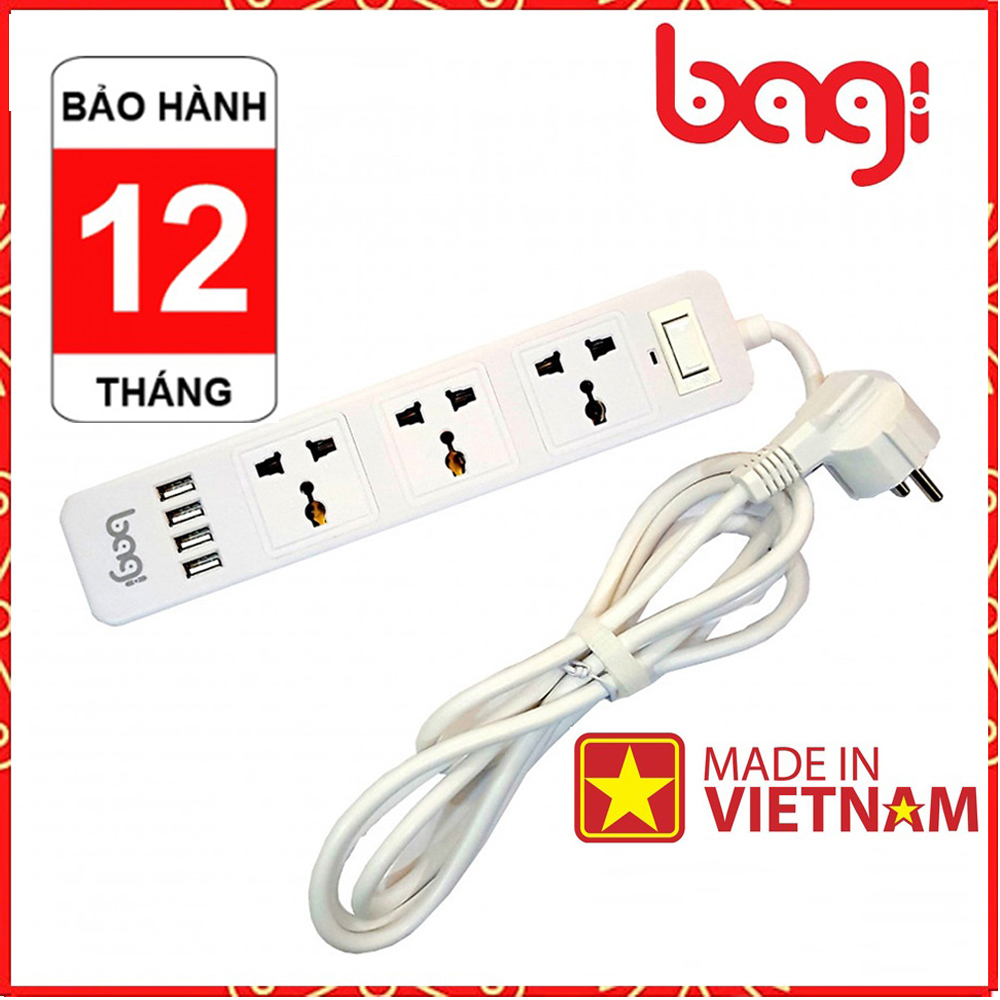 Ổ Cắm Điện Đa Năng Bagi 3 Ổ Điện + 4 Cổng USB