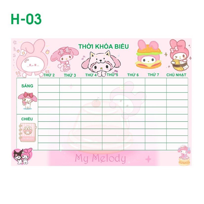 Thời khoá biểu My Melody 4 tấm khác nhau