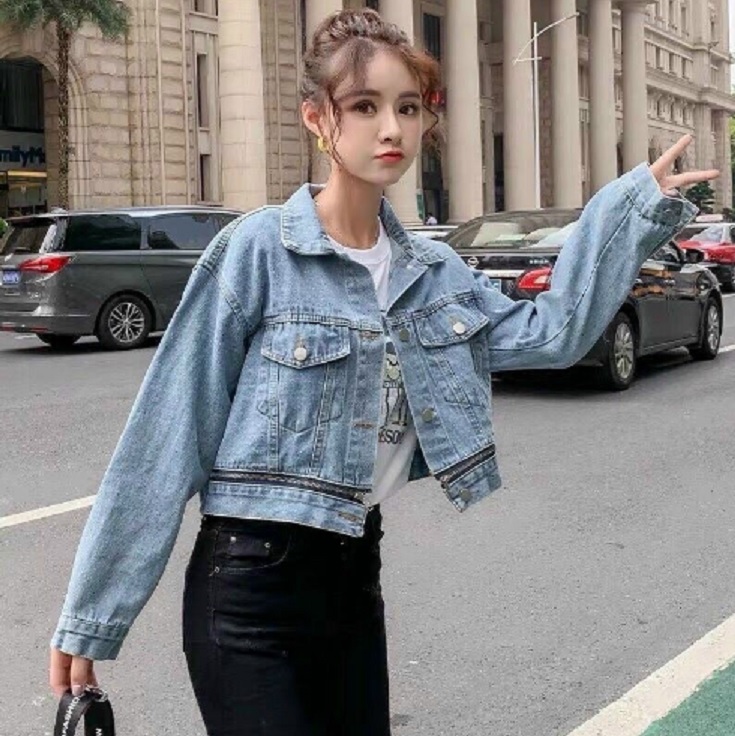 Áo khoác jean nữ lửng HOTTREND phối dây kéo cao cấp- chất denim chuẫn hàng shop