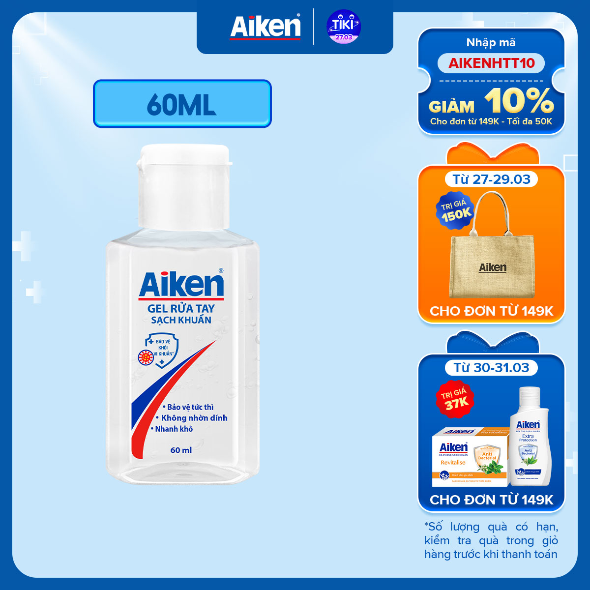 Aiken Gel rửa tay Sạch khuẩn 60ml