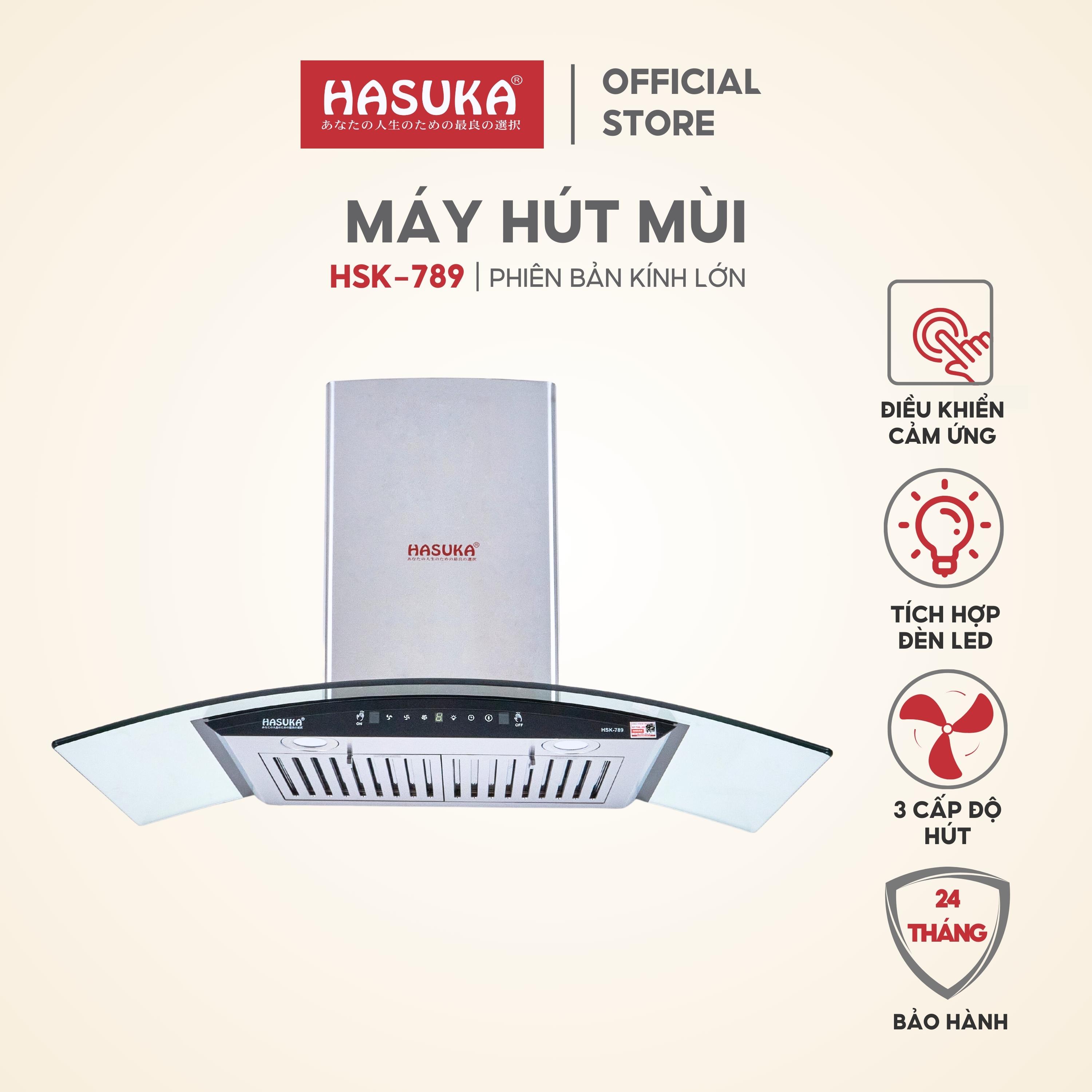 Máy hút mùi cảm ứng kính cong lưới INOX HASUKA HSK-789 công suất motor 190W hút và khử mùi với công suất 950m³/h (BH 24 tháng) - HÀNG CHÍNH HÃNG