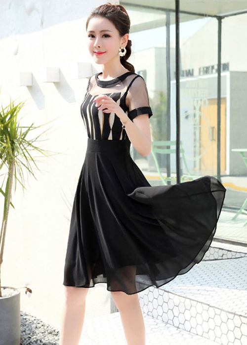 Đầm Xòe Công Sở Phối Lưới Thời Trang