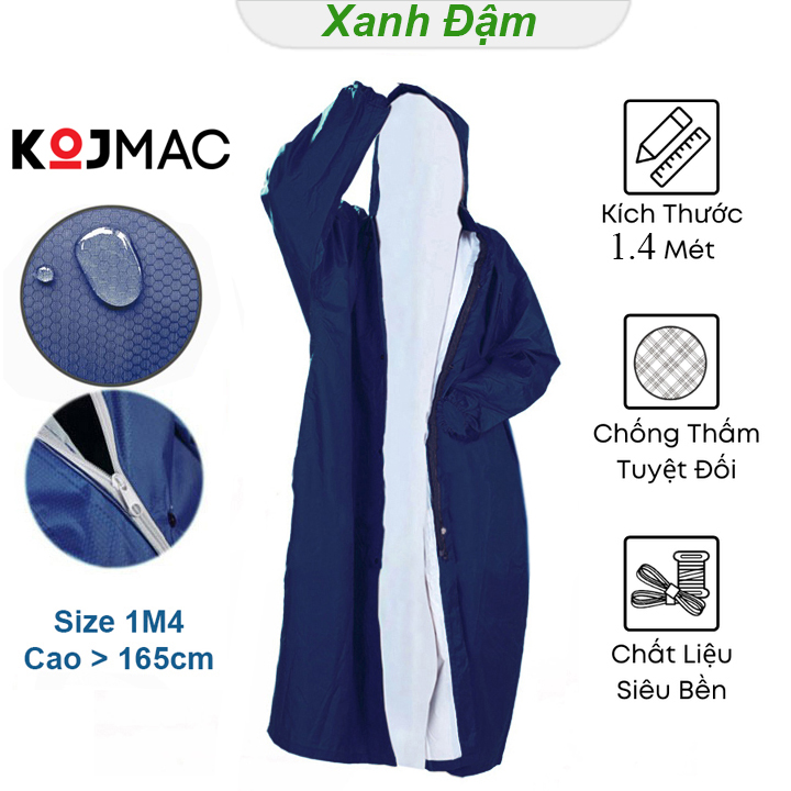 Bộ Áo Mưa Có Dây Khóa Kéo Vải Dù Da Cá Tổ Ong KOJMAC GDA218 Raincoat Fashion – Hàng Chính Hãng  Loại Chui Một Đầu 1 Người Lớn Bít Kín Không Xẻ Tà, Thời Trang Mang To Cho Nam Nữ, Chống Nước Đi Mưa Tản Bộ Xe Máy  – Xanh đen – 1M4 Cao >165cm