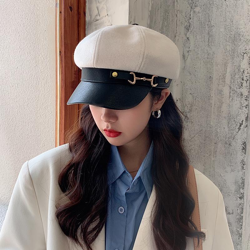 Nữ Nón Phẳng Bộ Đội Mũ Quân Đội Mùa Xuân, Mùa Thu PU Hình Bát Giác Nắp Chắc Chắn Bằng Màu Quân Sự Hàng Đầu Nón Sinh Viên Trẻ nón Nữ