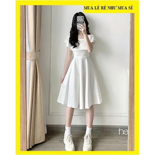 Đầm suông nữ liền thân cổ vuông, chất đũi-dáng xoè