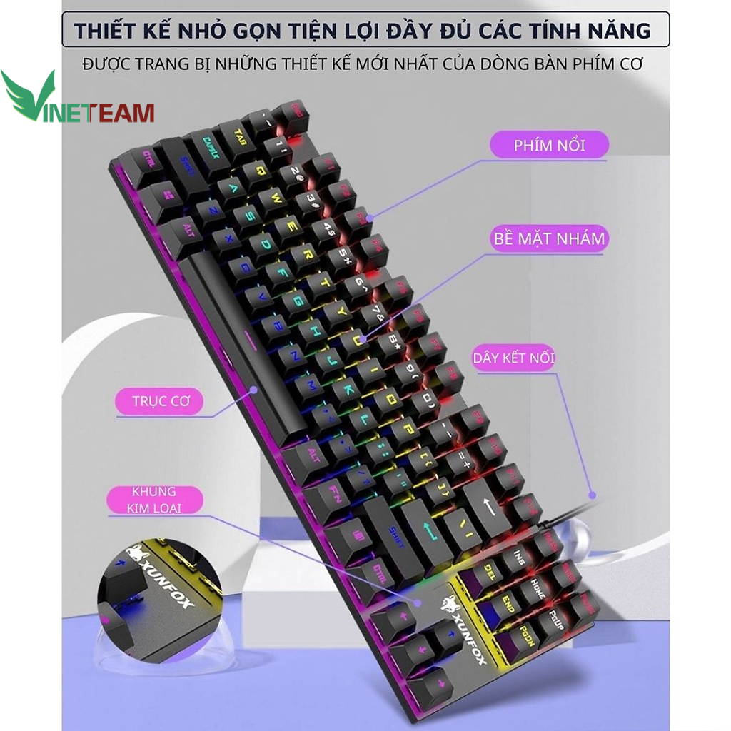 Bàn Phím Cơ Gaming Vinetteam K80 Phím Cơ Gõ Siêu Đã LED RGB 20 Chế Độ Nháy Cực Đẹp Thiết Kế Nhỏ Gọn 87 Key Dùng Cho Máy Tính Laptop – Hàng Chính Hãng