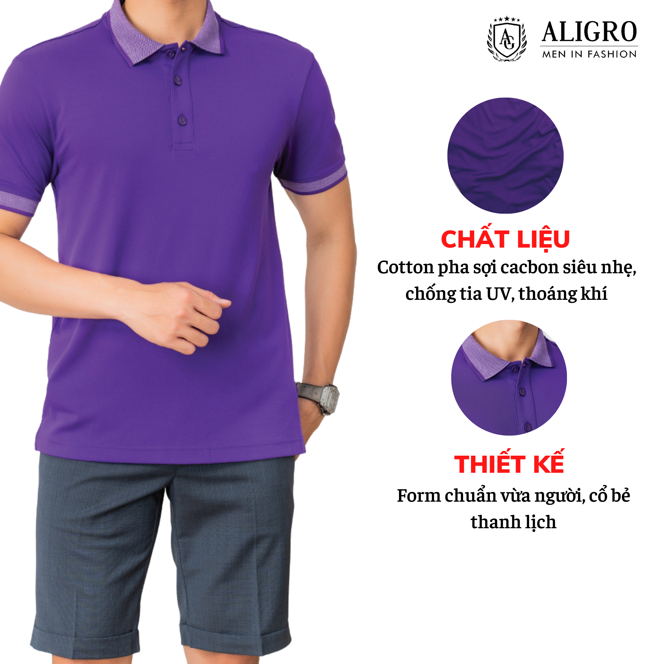 Áo polo, áo phông, áo thun cổ bẻ nam màu tím Aligro chất liệu cotton, không xù, không bám dính, tôn dáng ALGPLO27