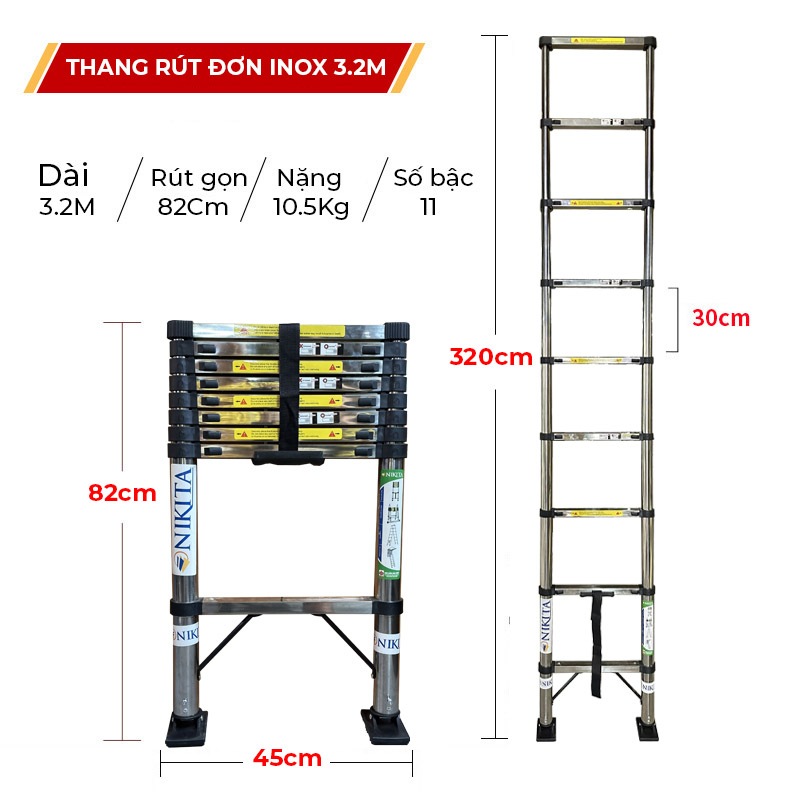 Thang Nikita  inox rút đơn 3,2 m tiện cất gọn, di chuyển, chống trượt an toàn, tải trọng đến 150kg