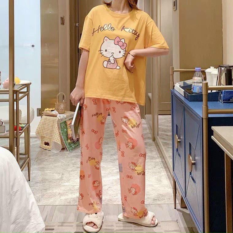 Set bộ đồ dành cho nữ, in hình kitty dễ thương, áo cộc tay quần dài chất thun cotton mềm mại mát mẻ