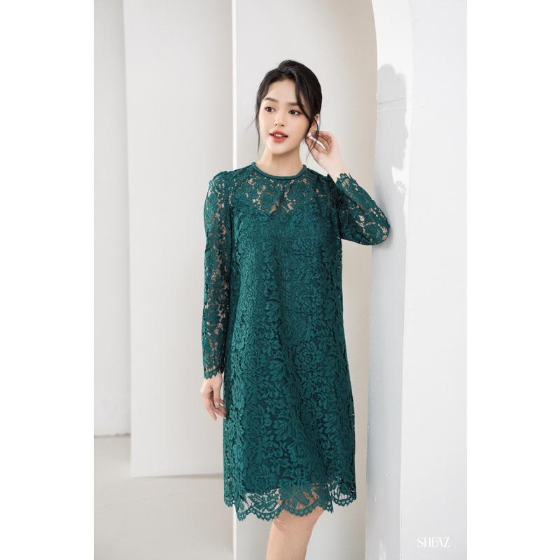 SHEAZ Đầm ren xanh công sở Hàn Quốc dáng suông cổ tròn tay dài