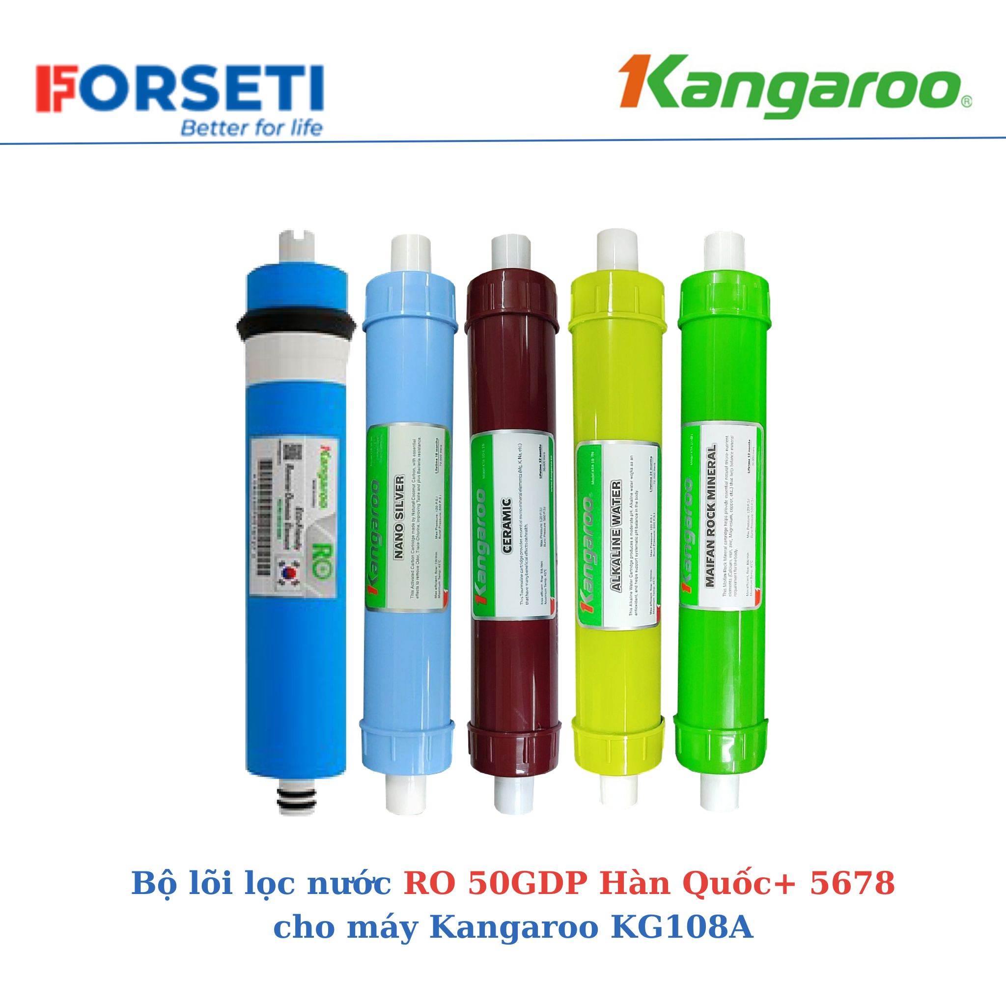 Trọn bộ lõi lọc Kangaroo gồm màng RO và bộ chức năng 5678 dùng cho máy lọc nước Kangaroo model KG108A - Hàng chính hãng