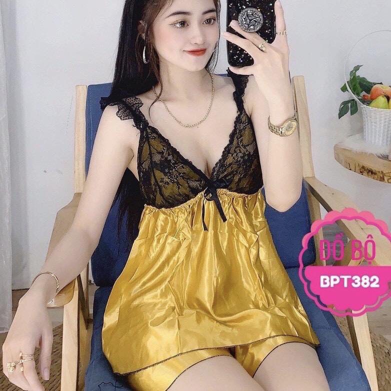 Đồ ngủ sexy nữ Đồ ngủ 2 dây viền ren đen không mút, chất phi mịn quyến rũ 382