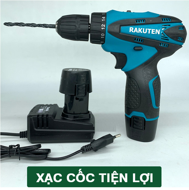 Bộ máy khoan pin RAKUTEN 12V khoan sắt, khoan gỗ máy 2 pin, đảo chiều và mũi khoan