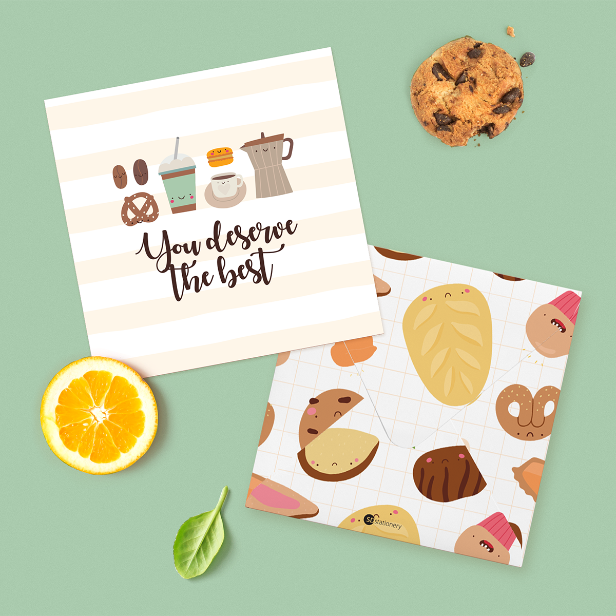 Set 6 thiệp tặng bạn bè, chúc mừng, chúc may mắn, động viên SDstationery TASTY TREAT 12x12 minh họa dễ thương cute cho tâm hồn ăn uống