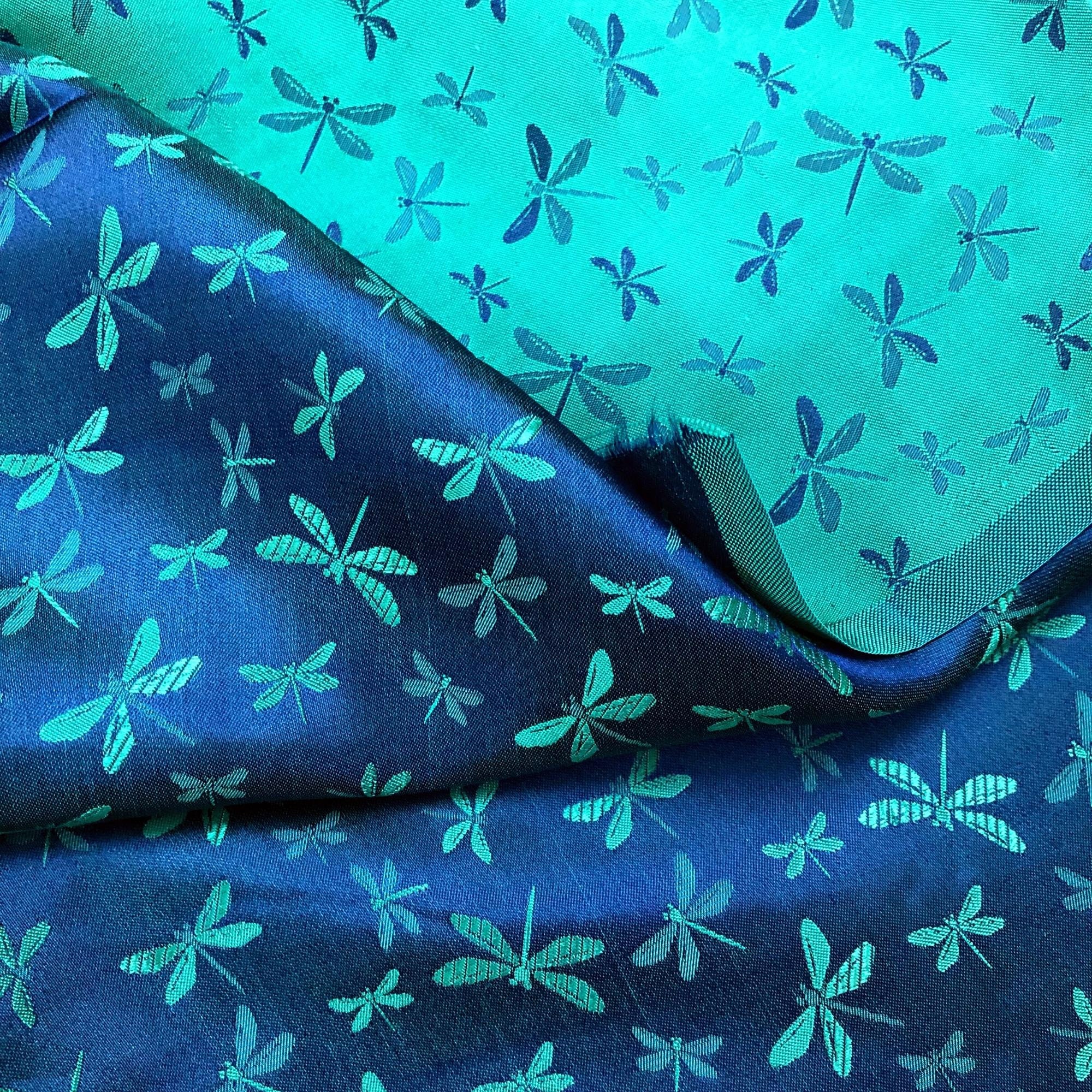 Vải Lụa Tơ Tằm hoa văn chuồn chuồn xanh cobal may áo dài, mềm#mượt#mịn, dệt thủ công, khổ vải 90cm