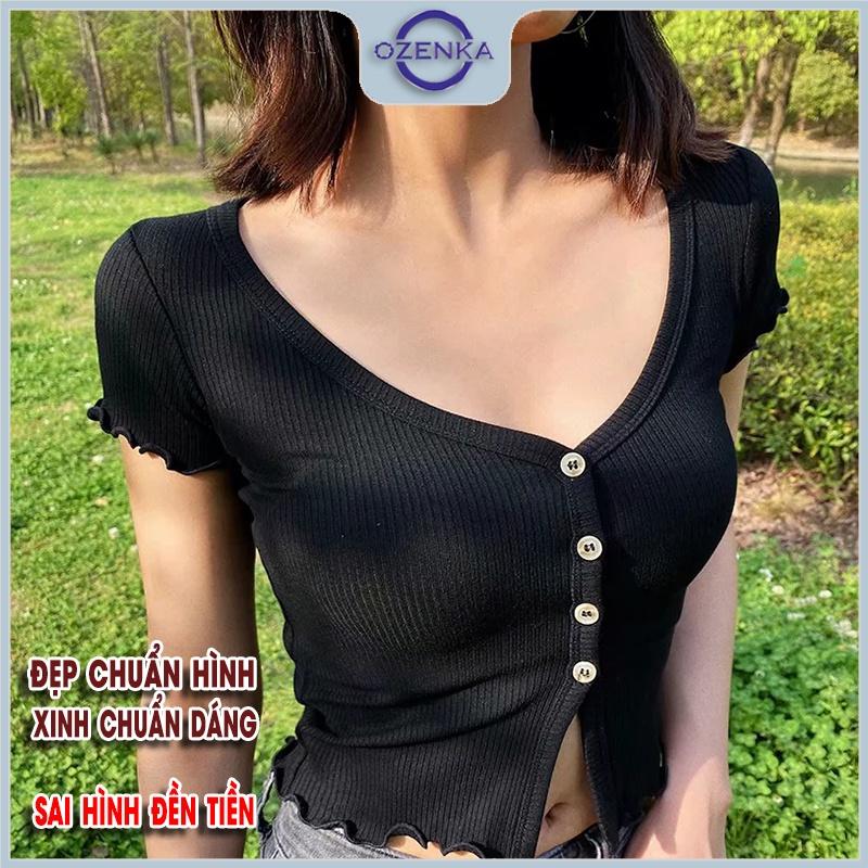 Áo croptop nữ kiểu ôm sexy cổ vuông cài khuy, áo crt ngắn tay đẹp thun gân 100% cotton màu đen trắng dưới 55 cân