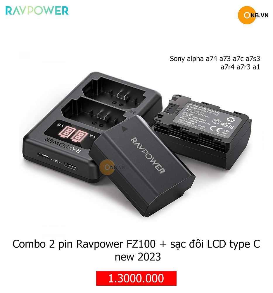 Combo 2 Pin Ravpower FZ100 kèm sạc So-ny a74 a73 a7s3 a7c a7r4