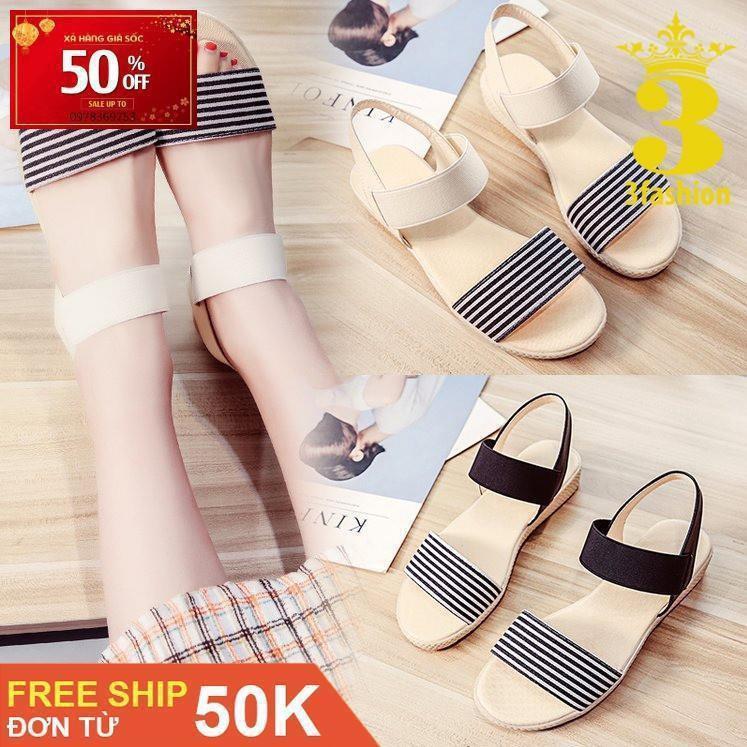 FreeShip Giày Sandal Nữ Quai Ngang Vải Cao Cấp Style Hàn Quốc - 3134 (Sọc Ngang)