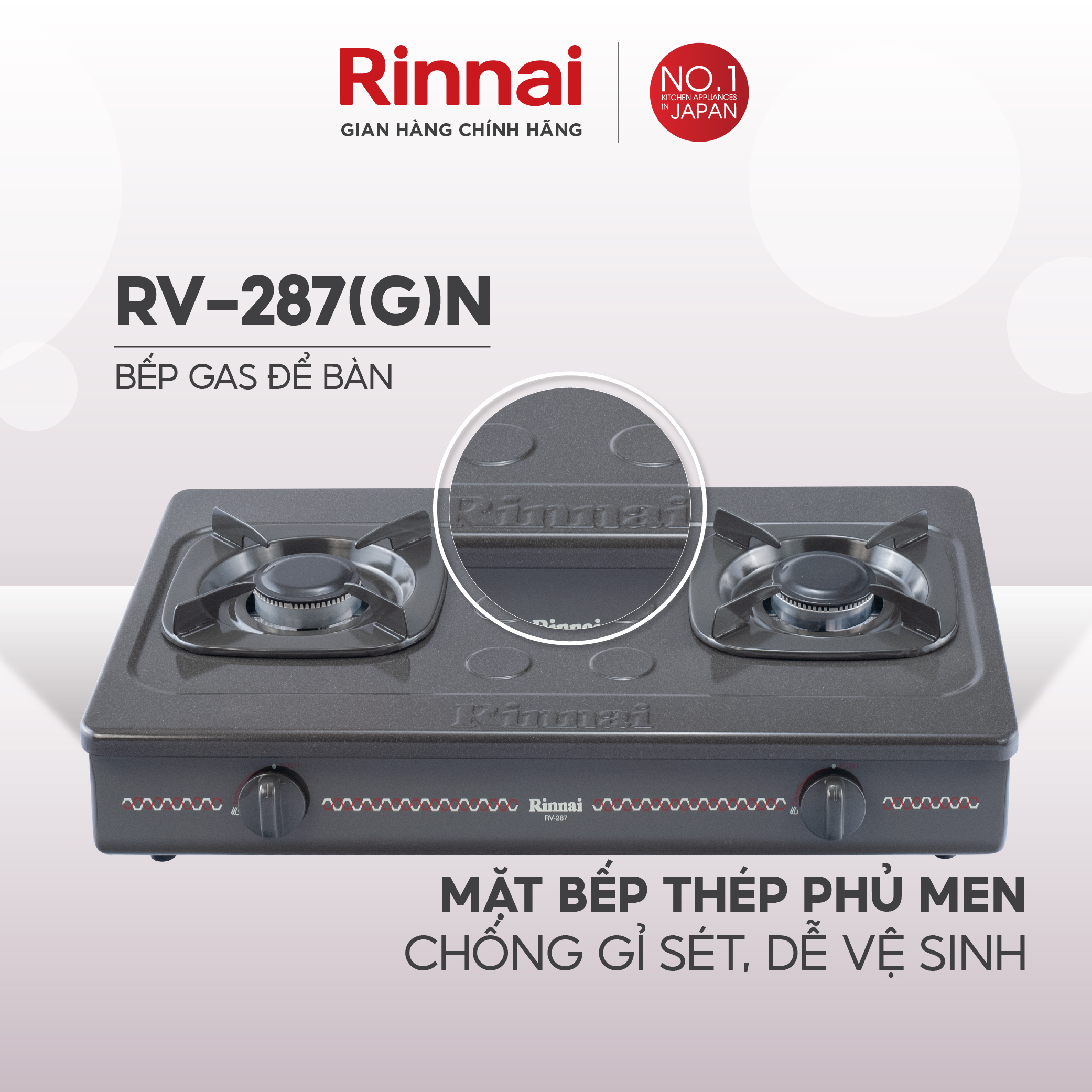 Bếp gas dương Rinnai RV-287(G)N mặt bếp men và kiềng bếp men - Hàng chính hãng.